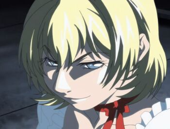 1girl 2007 american animated animated_gif anime_screenshot attack bible_black bible_black_new_testament blonde_hair blue_eyes bouncing_breasts bow breasts choker crazy_smile dress energy_beam glowing glowing_eyes jody_crowley large_breasts lips nightgown reaching shin_bible_black shiny_skin short_hair smile solo tagme white_dress witch