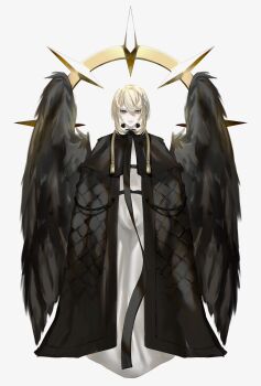 1girl black_capelet black_wings blonde_hair blue_eyes capelet feathered_wings full_body hair_between_eyes halo heterochromia highres katsumira looking_at_viewer original oversized_clothes robe sidelocks smirk solo spiked_halo standing white_robe wings yellow_eyes