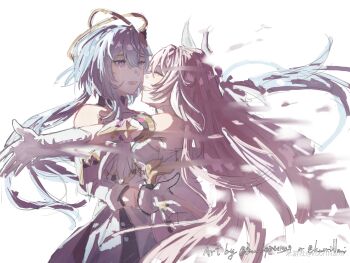 Rule 34 | 2girls, breasts, chinese commentary, commentary request, corset, crying, dress, elysia (herrscher of human: ego) (honkai impact), elysia (honkai impact), fading, gloves, griseo, griseo (cosmic expression), halo, highres, honkai (series), honkai impact 3rd, hug, koorinami, large breasts, long hair, miyoushe watermark, multiple girls, parted lips, pink hair, purple eyes, simple background, very long hair, watermark, white background, white corset, white dress, white gloves