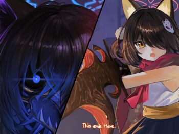 1girl animal_ears blue_archive blue_skirt brown_eyes commentary dokomon english_commentary english_text fox_ears fox_girl fox_hair_ornament glowing glowing_eye hair_over_one_eye halo highres izuna_(blue_archive) ninja_gaiden open_mouth pink_halo pink_scarf scarf shirt side_ponytail skirt white_shirt