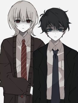 2boys akinashi_haru arms_at_sides black_hair black_jacket blue_eyes brown_cardigan cardigan chinese_commentary collared_shirt commentary_request derivative_work dress_shirt exhausted highres jacket lapels male_focus multiple_boys necktie red_eyes red_necktie sad saihate_eki screenshot_redraw shaded_face shirt short_hair simple_background straight-on striped_clothes suit_jacket tatsunami_shion upper_body vertical-striped_clothes vertical-striped_necktie white_background white_hair white_shirt xihuanqingbaihe