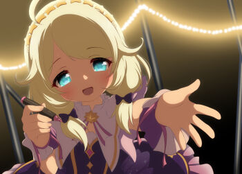 1girl ahoge aqua_eyes backstage beads birthday blonde_hair blush bow child coat collar commentary_request dot_nose eyelashes fingernails frilled_collar frilled_wrist_cuffs frills hair_bow hair_ornament hands_up headband highres holding holding_marker hosizora_mikoto idol idol_clothes idolmaster idolmaster_cinderella_girls idolmaster_cinderella_girls_u149 indoors light_blush looking_at_viewer low_twintails marker medium_hair neck_ribbon official_alternate_costume open_mouth parted_bangs purple_bow purple_coat purple_ribbon reaching reaching_towards_viewer ribbon sidelocks sleeveless solo standing star_(symbol) star_hair_ornament straight-on straight_hair string_lights sweat textless_version tongue twintails upper_body vest waistcoat wrist_cuffs wrist_ribbon writing yellow_trim yusa_kozue