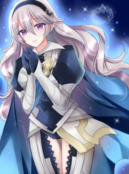 Rule 34 | 1girl, armor, black gloves, black hairband, blue aura, blue cape, blue gloves, blue hairband, blue leotard, breasts, cape, closed mouth, commentary request, emblem (fire emblem engage), female corrin (fire emblem), fire emblem, fire emblem engage, fire emblem fates, gloves, grey hair, hair between eyes, hairband, highres, kirishima riona, leotard, long hair, looking at viewer, medium breasts, nintendo, own hands together, pointy ears, purple eyes, revision, smile, solo, sparkle, standing, thighs, very long hair
