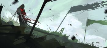 1boy absurdres black_coat charon_(reverse:1999) coat flag flower gloves grey_sky highres holding holding_notebook male_focus notebook overcast poppy_(flower) red_flower reverse:1999 rubble skirtsan sky solo standing torn_flag veil white_gloves white_veil wide_shot wind