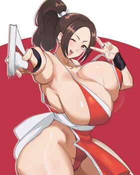 breasts brown_eyes brown_hair cleavage hand_fan highres huge_breasts muundae one_eye_closed paper_fan ponytail shiny_skin shiranui_mai street_fighter thick_thighs thighs v wide_hips wink