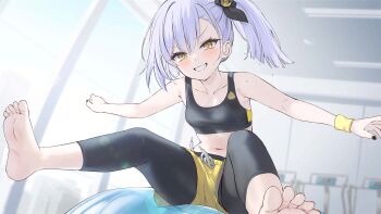 1girl artist_request asymmetrical_bangs azur_lane ball bare_shoulders barefoot black_bow black_leggings black_nails black_pants black_ribbon black_shirt black_sports_bra blurry blurry_background blush bow breasts capri_pants clenched_teeth collarbone crop_top day exercise_ball exercising feet grey_hair grin gym hair_between_eyes hair_bow hair_ornament hair_ribbon highres indoors leggings legs looking_at_viewer manjuu_(azur_lane) medium_hair midriff nail_polish navel non-web_source oceana_(azur_lane) official_art on_ball outstretched_arms pants parted_lips ribbon shirt shorts side_ponytail siren_(azur_lane) sitting small_breasts smile soles solo sports_bra sportswear spread_arms stomach sweat sweatband tank_top teeth toenails toes v-shaped_eyebrows window wristband yellow_eyes yellow_shorts