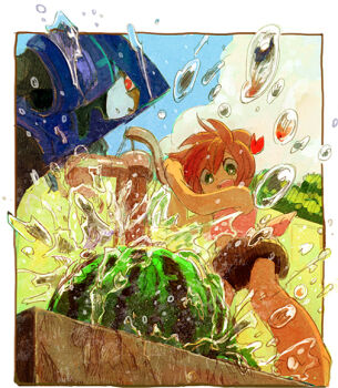 Rule 34 | 1boy, 1girl, asagi marin, black skirt, blue skin, border, brigadoon, brown hair, cloud, colored skin, food, from below, fruit, green eyes, melan blue, open mouth, outdoors, parted lips, pink hair, red eyes, short hair, skirt, summer, water drop, water pump, watermelon, white border, yuza