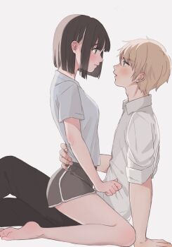 1boy 1girl bare_legs barefoot black_hair black_pants blonde_hair blush collared_shirt couple dolphin_shorts face-to-face from_side grey_shorts hand_on_another&#039;s_waist hetero highres looking_at_another original pants profile shirt short_hair short_sleeves shorts simple_background straddling wa_mu_ta white_background white_shirt