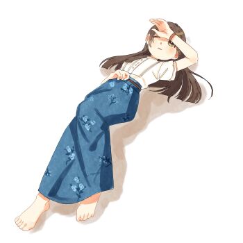 1girl barefoot blue_skirt blush brown_eyes brown_hair gakuen_idolmaster hand_over_face highres idolmaster kemi_(0potecat0) kuramoto_china long_skirt lying shaded_face shadow shirt skirt white_shirt