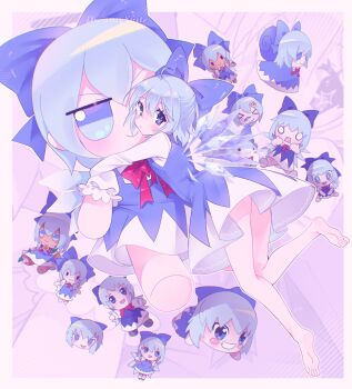 &gt;_&lt; 1girl ass bare_legs barefoot blue_bow blue_dress blue_eyes blue_hair blush blush_stickers bow bowtie character_doll cirno cirno_day commentary_request doll dreamysuite dress fairy fang full_body fumo_(doll) hair_bow highres hugging_doll hugging_object ice ice_wings looking_at_viewer multiple_wings o_o partial_commentary red_bow red_bowtie shirt smile snail soles stuffed_toy tanned_cirno toes touhou white_shirt wings