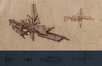 Rule 34 | blueprint (medium), brown theme, commentary, concept art, corvette (eve online), english commentary, eve online, from side, highres, military vehicle, minmatar republic (eve online), multiple views, no humans, original, pintoro, science fiction, solar panel, spacecraft, vehicle focus