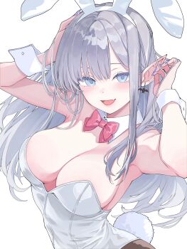1girl absurdres animal_ears armpits arms_up bare_shoulders bat_earrings blue_eyes blue_nails bow bowtie breasts cleavage detached_collar earrings fake_animal_ears fake_tail fang grey_hair hairband highres jewelry large_breasts leotard long_hair looking_at_viewer nail_polish open_mouth original playboy_bunny pointy_ears rabbit_ears rabbit_tail sidelocks simple_background smile solo strapless strapless_leotard tail upper_body white_background white_hairband white_leotard wrist_cuffs yamai_yurika
