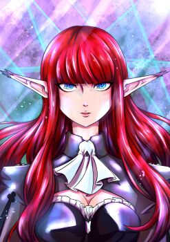 Rule 34 | 1girl, absurdres, ascot, atlus, black coat, blue eyes, blunt bangs, breasts, cleavage, coat, collared coat, highres, hulkenberg (metaphor: refantazio), large breasts, long hair, long pointy ears, looking at viewer, metaphor: refantazio, pointy ears, red hair, simple background, solo, white ascot