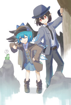 Rule 34 | 2girls, ?, alternate costume, alternate headwear, belt, black necktie, black pants, black wings, blue eyes, blue hair, blue skirt, boots, bow, brown belt, brown boots, brown hair, brown jacket, cirno, closed mouth, collared shirt, commentary request, crystal, deerstalker, detached wings, detective, edsky0309, frog, grey hat, grey jacket, grey vest, hand in pocket, hand on own hip, hat, highres, holding, holding magnifying glass, ice, ice wings, jacket, magnifying glass, multiple girls, neck ribbon, necktie, one eye closed, pants, red eyes, red ribbon, ribbon, shameimaru aya, shirt, skirt, spoken question mark, touhou, vest, white shirt, wings
