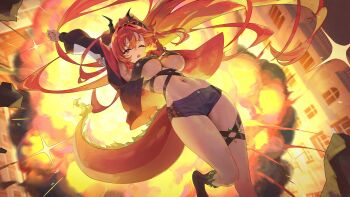 1girl absurdly_long_hair absurdres ahoge arms_behind_head arms_up balcony black_horns black_jacket black_shoes breasts breath_weapon breathing_fire building commentary damcheong dragon_girl dragon_tail explosion fire highres horns jacket large_breasts long_hair midriff navel one_eye_closed open_mouth original red_eyes red_hair red_tail rock rooftop shoes short_shorts shorts solo sparkle swept_bangs tail thigh_strap underboob very_long_hair window
