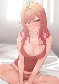 Rule 34 | 1girl, 1nose yuuka, ahoge, bed, blush, breasts, cleavage, commentary, crossed bangs, gradient hair, highres, hololive, hololive dev is, ichijou ririka, indian style, large breasts, long hair, looking at viewer, midriff peek, multicolored hair, on bed, orange eyes, orange hair, orange panties, orange tank top, panties, parted lips, sitting, solo, tank top, underwear, virtual youtuber