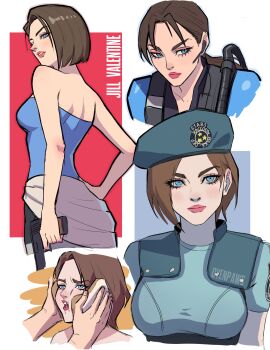 Rule 34 | 1girl, beret, blue eyes, blue hat, blue shirt, blue tube top, bread, bread slice, brown hair, character name, food, gun, hat, highres, holding, holding gun, holding weapon, idiot sandwich (meme), jill valentine, meme, multiple views, oyenpaws, resident evil, resident evil: revelations, resident evil 1, resident evil 3: nemesis, resident evil 3 (remake), shirt, short hair, shoulder pads, strapless, tube top, weapon