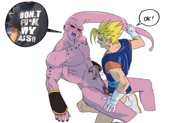 1cuntboy black_nails black_sclera blonde_hair blush clitoris colored_sclera colored_skin cuntboy dragon_ball dragonball_z earrings gloves height_difference jewelry large_penis linisthename looking_at_another majin_buu muscular muscular_male nude open_mouth pectorals penis pink_skin potara_earrings pussy red_eyes sex speech_bubble stomach_bulge super_buu super_saiyan sweat vaginal vegetto white_background yaoi