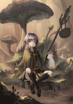 1girl black_shoes black_thighhighs capelet closed_mouth commentary_request crossed_ankles fantasy full_body giant_mushroom green_capelet green_eyes green_skirt grey_hair highres looking_at_viewer mushroom original outdoors pleated_skirt ram-a shoes sidelocks sitting skirt solo thighhighs