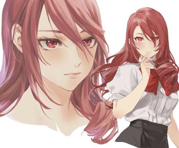 1girl blush bow bowtie gekkoukan_high_school_uniform hair_over_one_eye isa_(peien516) kirijou_mitsuru long_hair persona persona_3 persona_3_reload red_bow red_eyes red_hair school_uniform solo