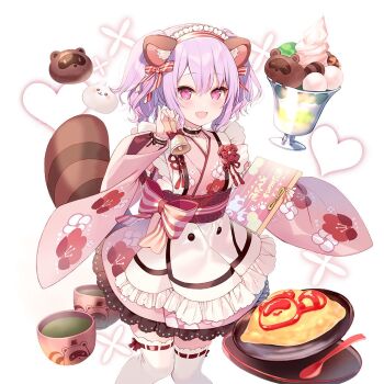 1girl animal_ears apron choker commentary_request flat_chest food frilled_apron frilled_choker frills japanese_clothes kimono kimono_dress maid maid_headdress matcha_(food) mayachi_(amuriya) melo_(uchihime) omelet omurice pink_kimono print_kimono purple_hair raccoon_ears raccoon_tail red_eyes short_hair short_twintails tail thighhighs twintails uchi_no_hime-sama_ga_ichiban_kawaii wa_maid white_apron white_thighhighs