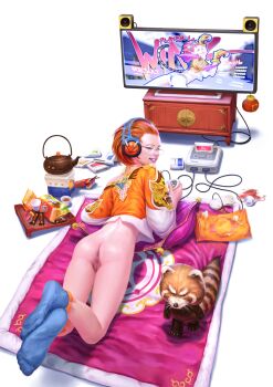 1girl anus ass blue_eyes blue_socks bottomless cleft_of_venus controller cropped_jacket feet_up female_focus food from_behind game_cartridge game_console game_controller glasses headphones highres looking_at_another lying no_shoes on_stomach orange_hair panty_warriors pillow pink_lips playing playing_games pocky pussy raccoon short_hair simple_background smile snack socks solo super_famicom tagme tea teapot television thighs uncensored wen_juinn white_background