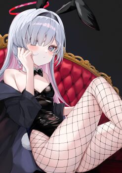 :/ absurdres alternate_costume animal_ear_hairband animal_ears arm_on_own_head black_background black_bow black_bowtie black_coat black_hairband black_leotard blue_archive blush bowtie braid breasts chair closed_mouth coat colored_inner_hair detached_collar fake_animal_ears fake_tail feet_out_of_frame fishnet_pantyhose fishnets grey_eyes hair_between_eyes hair_over_eyes hair_over_one_eye hairband halo hand_up highleg highleg_leotard highres legs leotard loli long_sleeves looking_at_viewer multicolored_hair off_shoulder on_chair open_clothes open_coat oversized_breast_cup pantyhose pink_hair plana_(blue_archive) playboy_bunny rabbit_ears rabbit_tail red_halo red_pupils shawn358 simple_background single_braid sitting small_breasts strapless strapless_leotard tail thighs white_hair