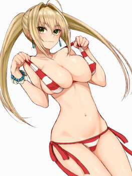 1girl ahoge bead_bracelet beads bikini blonde_hair bracelet breasts cleavage cocq_taichou collarbone covered_erect_nipples earrings fate/grand_order fate_(series) green_eyes hair_intakes highres jewelry large_breasts long_hair navel nero_claudius_(fate) nero_claudius_(swimsuit_caster)_(fate) red_bikini side-tie_bikini_bottom simple_background solo stomach strap_pull striped_bikini striped_clothes swimsuit twintails very_long_hair white_background