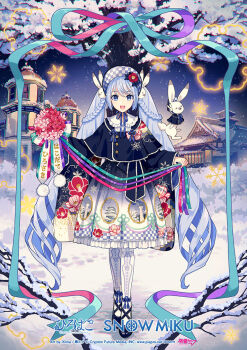 1girl :d artist_name blue_eyes blue_hair blue_shoes braid branch building commentary_request company_name copyright_logo copyright_notice dress flower gradient_clothes gradient_dress hat hatsune_miku highres hirohako holding ixima logo long_hair looking_at_viewer night night_sky official_art open_mouth pantyhose pink_flower print_dress rabbit_yukine second-party_source shoes sky smile snow solo tongue translation_request twintails very_long_hair vocaloid webpage white_hat white_pantyhose yuki_miku