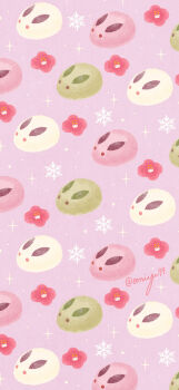 absurdres animal animal_focus commentary_request flower highres no_humans omiyu99 original pink_background pink_flower rabbit snowflakes twitter_username