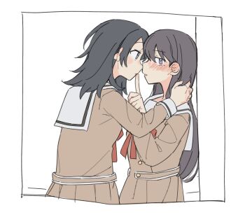 Rule 34 | 2girls, bang dream!, bang dream! it's mygo!!!!!, black hair, blue eyes, blush, brown dress, brown hair, commentary, dress, ear blush, finger to another's mouth, hair over shoulder, hanasakigawa school uniform, hashtag-only commentary, highres, jenjen, long hair, looking at another, mole, mole under eye, multiple girls, parted lips, purple eyes, sailor collar, sailor dress, school uniform, shiina taki, simple background, white background, white sailor collar, yahata umiri, yuri