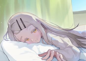 1girl blonde_hair blush colored_eyelashes commentary_request curtains gakuen_idolmaster gradient_hair grey_hair hair_ornament hairclip highres idolmaster indoors lily-an long_hair looking_at_viewer lying multicolored_hair on_stomach open_mouth orange_eyes parallel_hairclips parted_bangs pillow shinosawa_hiro smile solo sweat upper_body window