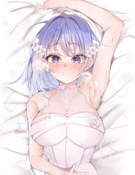 armpits bed blue_hair blush breasts dress flower grabbing_sheets heavy_breathing highres hii_(mzgu8388) idolmaster idolmaster_shiny_colors lying on_back on_bed purple_eyes suzuki_hana wedding_dress white_dress white_flower