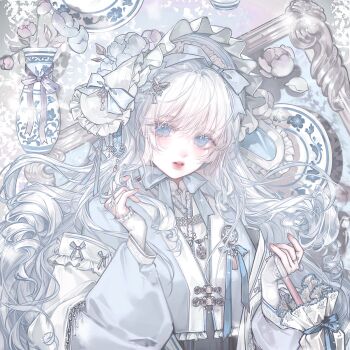 1girl blue_eyes bow flower frills hair_ornament highres holding jewelry long_hair long_sleeves looking_at_viewer original parted_lips solo upper_body white_hair white_theme wuyu16