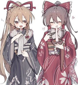 2girls :d alternate_costume alternate_hairstyle black_kimono blonde_hair blush bow bowl braid brown_hair chopsticks closed_eyes commentary_request eating food food_in_mouth fur_trim hair_between_eyes hair_ribbon hair_tubes hakurei_reimu heart highres holding holding_bowl holding_chopsticks japanese_clothes kimono kirisame_marisa long_hair long_sleeves looking_at_another maruten_moko mochi mochi_trail multiple_girls open_mouth petal_print ponytail red_bow red_kimono ribbon side_braid smile star_(symbol) star_print touhou very_long_hair white_background yukata