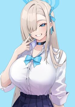 1girl asuna_(blue_archive) asuna_(school_uniform)_(blue_archive) blonde_hair blue_archive blue_bow blue_bowtie blue_eyes blue_halo blue_nails blue_ribbon blush bow bowtie breasts choker commentary hair_over_one_eye hair_ribbon halo highres large_breasts long_hair looking_at_viewer nail_polish nakano_kura pleated_skirt ribbon school_uniform shirt skirt sleeves_rolled_up smile solo v very_long_hair white_shirt