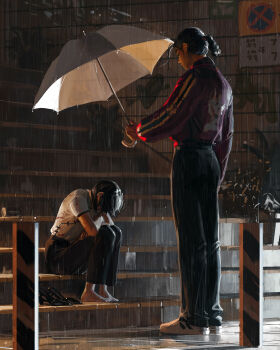 2girls black_pants black_shoes blood blood_on_clothes chinese_clothes commentary guweiz high_heels highres holding holding_umbrella jacket long_sleeves multiple_girls night no_stopping_sign original outdoors pants puffy_long_sleeves puffy_sleeves rain red_jacket road_sign shirt shoes short_sleeves sign sitting sitting_on_stairs stairs symbol-only_commentary transparent transparent_umbrella umbrella unworn_shoes white_shirt white_shoes white_umbrella