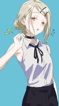 1girl :o aqua_background black_choker black_ribbon black_shorts blonde_hair blush chainsaw_man choker collared_shirt colored_eyelashes commentary_request cosplay cowboy_shot earrings gakuen_idolmaster hair_bun hair_ornament hairclip hand_up highres holding idolmaster jewelry looking_at_viewer neck_ribbon open_mouth orange_eyes parallel_hairclips reze_(chainsaw_man) reze_(chainsaw_man)_(cosplay) ribbon shinosawa_hiro shirt short_hair shorts simple_background single_hair_bun sleeveless sleeveless_shirt solo stud_earrings swept_bangs un1rock white_shirt