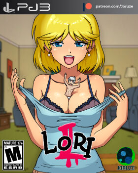 1boy 1girl age_difference alternate_breast_size artist_name bare_arms bare_shoulders between_breasts blonde_hair blouse blue_eyes blue_eyeshadow blue_shirt blurry blurry_background bra breasts briefs brother_and_sister catherine_(game) catherine_cover_parody cleavage collarbone cover earrings eyeshadow facing_viewer fake_cover game_console hetero highres incest indoors jewelry joruze lincoln_loud looking_at_viewer lori_loud makeup male_underwear medium_breasts mini_person miniboy parody playstation_3 self_exposure shirt short_hair siblings smile tank_top teenage_girl_and_younger_boy the_loud_house underwear underwear_only video_game watermark web_address