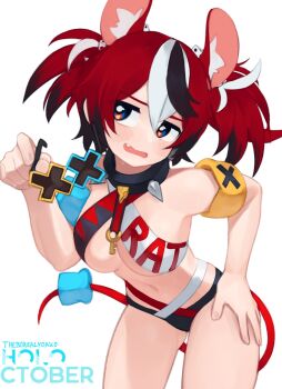 1girl animal_ears artist_name bare_shoulders black_hair blue-framed_eyewear blue_eyes blush breasts collar dice_hair_ornament fang hair_ornament hakos_baelz hand_on_own_hip highres hololive hololive_english large_breasts leaning_forward long_hair looking_at_viewer mouse_ears mouse_girl mouse_tail multicolored_hair navel open_mouth red_hair solo spiked_collar spikes streaked_hair sunglasses tail twintails virtual_youtuber white_hair yellow-framed_eyewear yoako