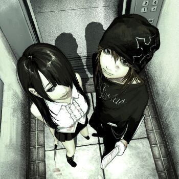 1boy 1girl aegyo_sal arrow_cross averting_eyes bare_shoulders beanie belt black_eyes black_hair black_hat black_pants black_shirt black_shoes black_skirt black_socks blood blood_on_clothes blood_on_face blood_on_ground bloody_knife brown_hair censored center_frills closed_mouth cross diagonal_bangs elevator frills from_above hair_between_eyes hair_over_one_eye hat highres holding holding_knife holding_sword holding_weapon jewelry knife long_hair looking_at_viewer looking_to_the_side looking_up medium_hair mosaic_censoring necklace original pants pleated_skirt print_shirt shirt shirt_partially_tucked_in shoes skirt sleeveless sleeveless_shirt socks sword weapon white_belt white_shirt ystty0