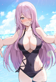 1girl absurdres bare_shoulders beach bikini black_one-piece_swimsuit blue_eyes blue_sky blush breasts center_opening cleavage clothing_cutout cloud collarbone commentary covered_navel day dutch_angle hair_between_eyes hair_over_one_eye hair_ribbon highres kage_no_jitsuryokusha_ni_naritakute! large_breasts lens_flare light_particles long_hair matsumoto_yuu o-ring o-ring_bikini o-ring_bottom o-ring_top ocean one-piece_swimsuit outdoors outstretched_arms parted_lips pink_hair purple_ribbon ribbon side-tie_bikini_bottom side_cutout sidelocks sky standing straight-on sunlight swimsuit thigh_gap thigh_strap thighs very_long_hair victoria_(kage_no_jitsuryokusha_ni_naritakute!) wet