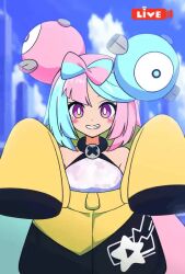 1girl animated blue_hair bow-shaped_hair breasts character_hair_ornament fake_hair_bun gen_1_pokemon hair_ornament hexagon_print iono_(pokemon) jacket kakk_e livestream long_hair low-tied_long_hair magnemite multicolored_hair nintendo one_eye_closed open_mouth oversized_clothes pink_hair pokemon pokemon_card pokemon_sv pokemon_tcg pokemon_tcg_pocket sharp_teeth sleeves_past_fingers sleeves_past_wrists smile solo split-color_hair teeth trading_card very_long_sleeves video x_(symbol) yellow_jacket