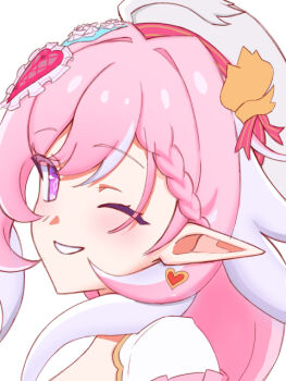 1girl ;) beret breasts commentary_request diamond-shaped_pupils diamond_(shape) earrings elf elysia_(hi_love_elf)_(honkai_impact) elysia_(honkai_impact) hat heart heart_earrings honkai_(series) honkai_impact_3rd jewelry looking_at_viewer multicolored_hair one_eye_closed pink_hair pointy_ears portrait purple_eyes simple_background smile solo symbol-shaped_pupils two-tone_hair vlh3tu white_background white_hair