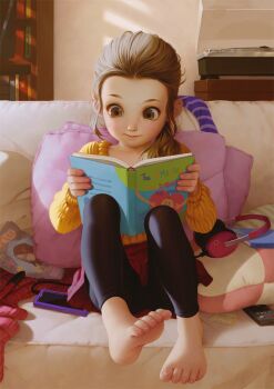 1girl alkemanubis barefoot book bookshelf brown_eyes brown_hair controller couch facing_viewer feet forehead full_body hair_over_shoulder headphones highres indoors knit_sweater leggings long_hair open_book original phonograph pillow reading remote_control sitting skirt soles solo toes