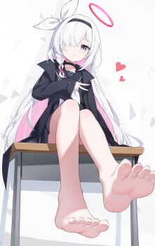 Rule 34 | 1girl, absurdres, barefoot, black choker, black coat, black hairband, black sailor collar, black serafuku, black shirt, black skirt, blue archive, blush, bow, braid, chaoji da yuwan, choker, closed mouth, coat, collarbone, colored inner hair, commentary, desk, feet, foot focus, foreshortening, grey eyes, hair bow, hair ornament, hair over one eye, hairband, halo, heart, highres, long hair, long sleeves, looking at viewer, multicolored hair, neckerchief, no legwear, on desk, one eye closed, open clothes, open coat, pink hair, pink halo, plana (blue archive), pleated skirt, red neckerchief, sailor collar, school desk, school uniform, serafuku, shirt, side braid, sidelocks, single braid, sitting, skirt, smile, soles, solo, toes, two-tone hair, v, very long hair, white background, white bow, white hair