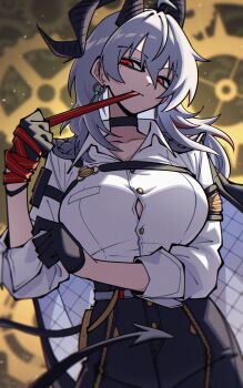 1girl black_choker black_gloves black_pants black_tail breasts button_gap choker demon_tail dryegen gloves grey_hair highres horns large_breasts mole mole_under_eye pants red_eyes shirt solo tail white_shirt wuthering_waves zani_(wuthering_waves)