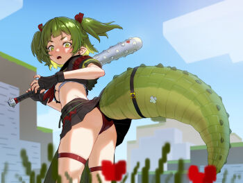 1girl agemmata armband ass baseball_bat belt black_gloves black_shirt black_skirt blue_sky blush breasts cloud cloudy_sky crocodile_girl crocodilian_tail earrings feet_out_of_frame fingerless_gloves furrowed_brow gloves grass green_eyes green_hair hair_ribbon highres holding holding_baseball_bat jewelry looking_at_viewer looking_back midriff minecraft_(style) neckerchief nitya_nil open_mouth outdoors panties phase_connect pleated_skirt pointy_ears red_armband red_neckerchief red_panties ribbon school_uniform serafuku shirt short_eyebrows short_hair short_sleeves skirt sky tail thigh_strap twintails underboob underwear v-shaped_eyebrows virtual_youtuber