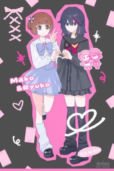 Rule 34 | 2girls, :3, beishang zha yu, black background, black dress, black eyes, black skirt, black socks, blue bow, blue bowtie, blue skirt, bow, bowtie, brown eyes, character cutout, character name, chibi, chibi inset, copyright name, dress, heart, heart hands, heart hands duo, high-waist skirt, highres, kill la kill, loose socks, mankanshoku mako, matoi ryuuko, multiple girls, pink background, red bow, red bowtie, senketsu, short hair, skirt, smile, socks, two-tone background, w, white socks, x (symbol), yuri