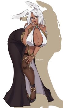1girl animal_ears anklet bare_shoulders bent_over black_shoes black_skirt bracelet breasts cleavage commentary commission dark-skinned_female dark_skin earrings english_commentary final_fantasy final_fantasy_xiv finger_to_mouth full_body garter_straps glasses green_eyes halterneck hand_up highres huge_breasts jewelry katelyn_regia_(temporaltactics) long_hair long_skirt looking_at_viewer mole mole_under_mouth nasya_ns original parted_bangs parted_lips rabbit_ears rabbit_girl round_eyewear shadow shoes side_slit skirt smile solo thighhighs viera warrior_of_light_(ff14) white_hair
